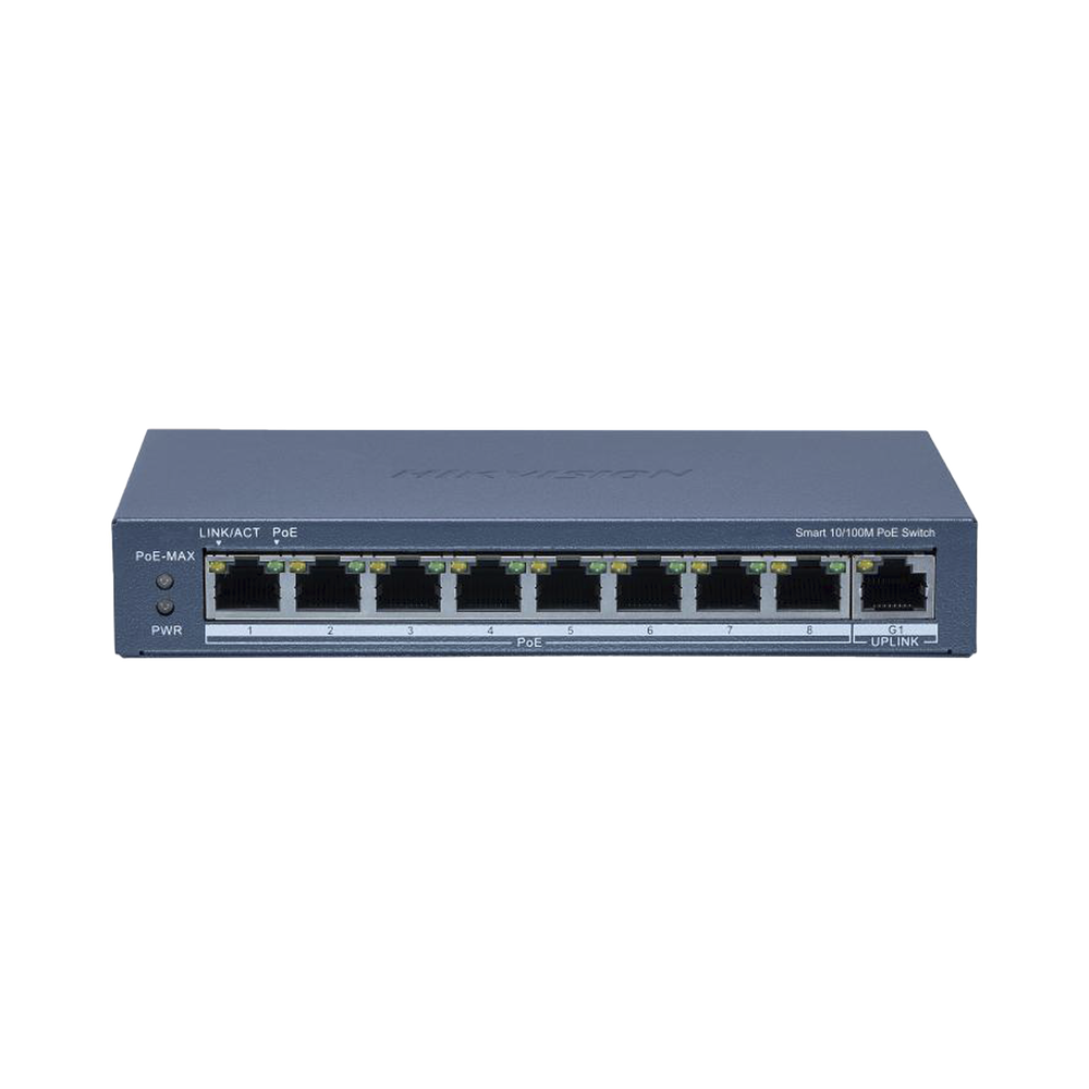 Switch PoE+ / Monitoreable / 8 Puertos 10/100 Mbps PoE+ / 1 Puerto 1000 Mbps de Uplink / Configuración Nube Hik-PartnerPro / Modo Extendido hasta 300 Metros / 110 W