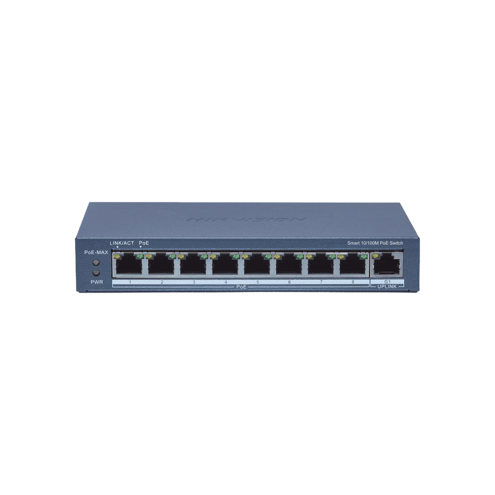 Switch Administrable PoE+ / 8 puertos 100 Mbps PoE+ / 1 puerto 1000 Mbps de Uplink / PoE hasta 300 Metros / Conexión Remota desde Hik-ParnerPro / 110 W