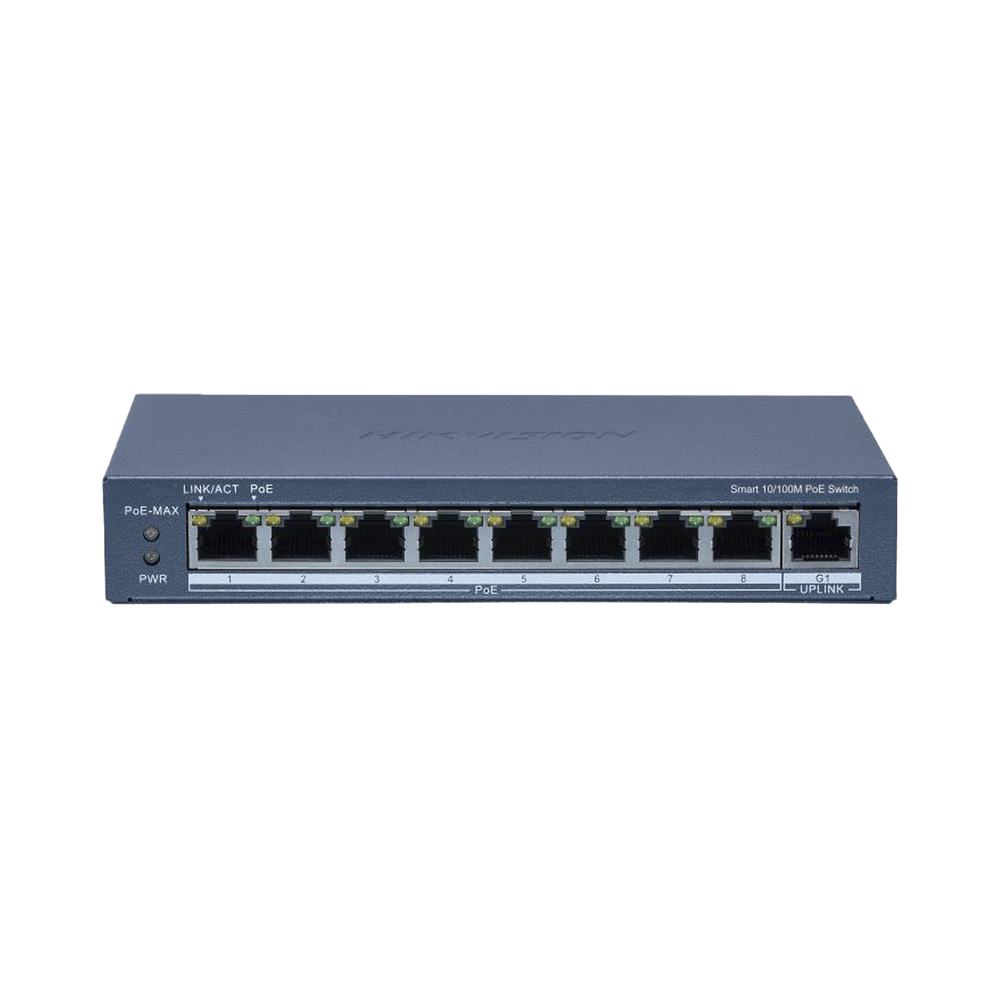 Switch PoE+ / Monitoreable / 8 Puertos 10/100 Mbps PoE+ / 1 Puerto 1000 Mbps Uplink /  Configuración Nube Hik-Partner Pro / Modo Extendido hasta 300 metros / 60 W