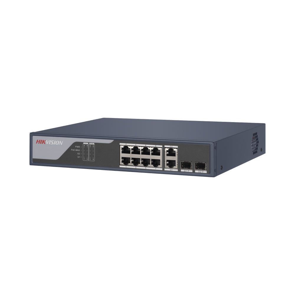 Switch PoE+ / Administrable / Uso en Rack / 8 Puertos 10/100 PoE+ /  2 Puertos 1000 Mbps Uplink  / 2 Puertos SFP / Configuración Nube desde Hik-PartnerPro / Modo Extendido hasta 300 Metros / 125 W