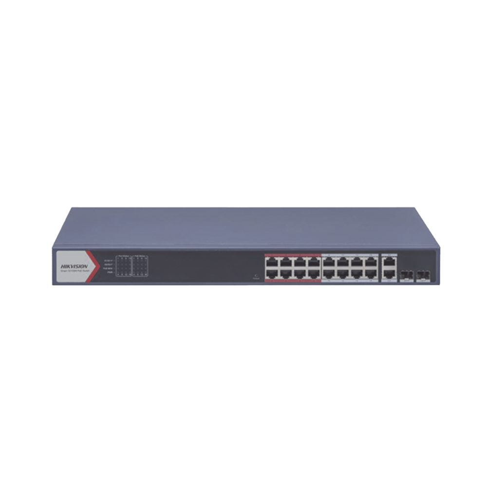 Switch PoE+ / Monitoreable / 16 puertos 10/100 Mbps PoE+ / 2 Puertos 1000 Mbps Uplink / 2 Puertos SFP de Uplink /  Configuración Nube Hik-Partner Pro / Modo Extendido hasta 300 metros / 230 W