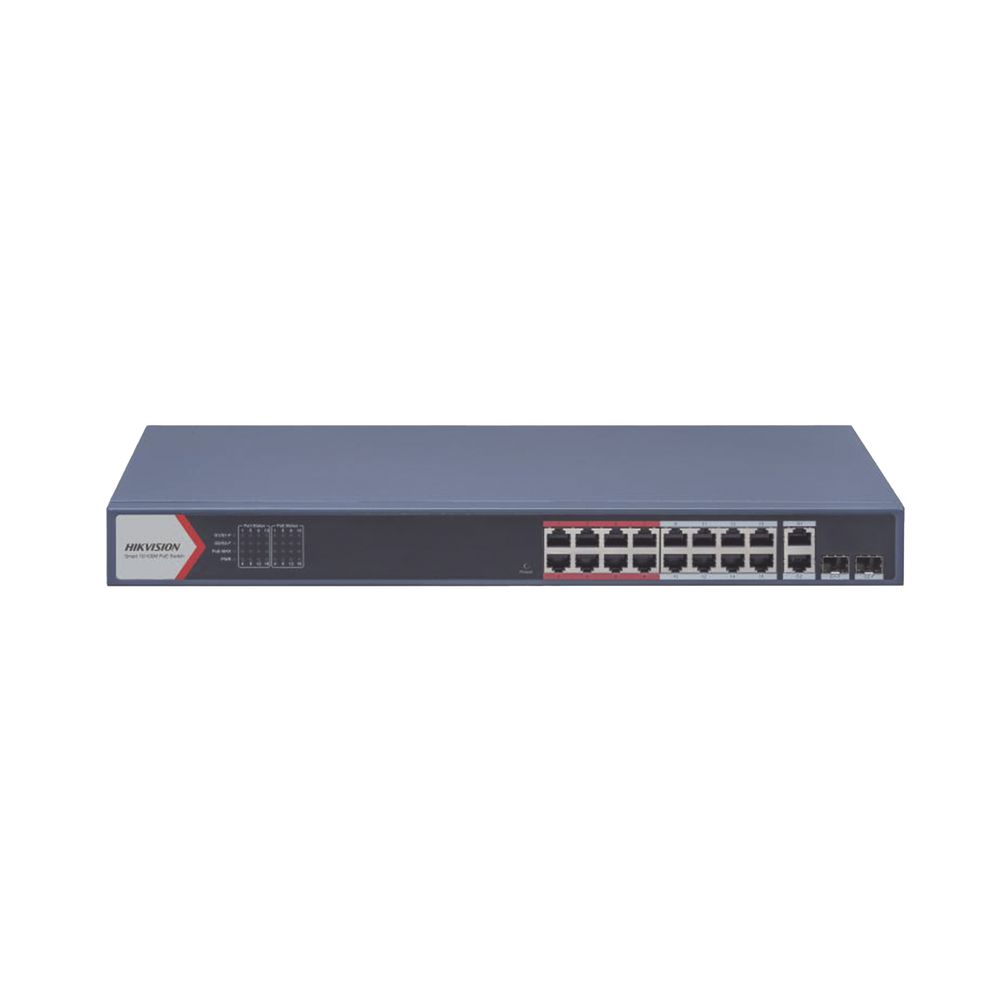 Switch PoE+ / Monitoreable / 16 puertos 10/100 Mbps PoE+ / 2 Puertos 1000 Mbps Uplink / 2 Puertos SFP de Uplink /  Configuración Nube Hik-Partner Pro / Modo Extendido hasta 300 metros / 230 W