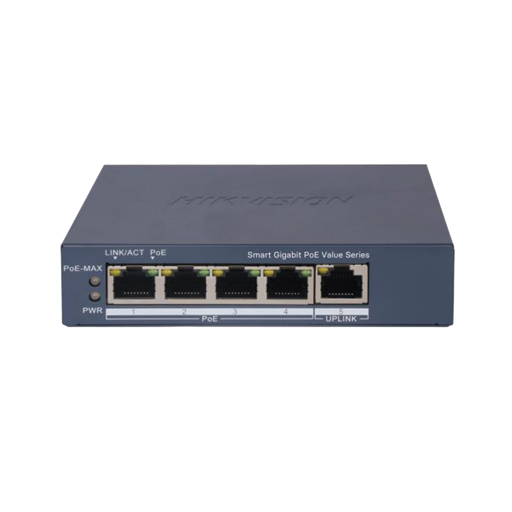 Switch Gigabit PoE+ / Monitoreable / 4 Puertos 1000 Mbps PoE+ / 1 Puerto 1000 Mbps Uplink / Configuración Nube Hik-PartnerPro / Modo Extendido hasta 300 Metros / 45 Watts