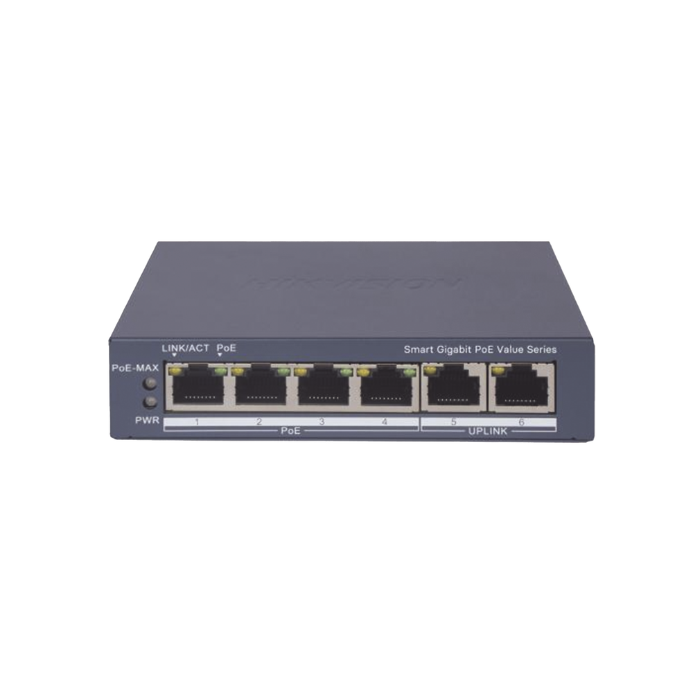 Switch Gigabit PoE+ / Administrable / 4 Puertos 1000 Mbps PoE+ / 2 Puertos 1000 Mbps Uplink / Configuración Nube Hik-PartnerPro / Modo Extendido hasta 300 Metros / 45 Watts