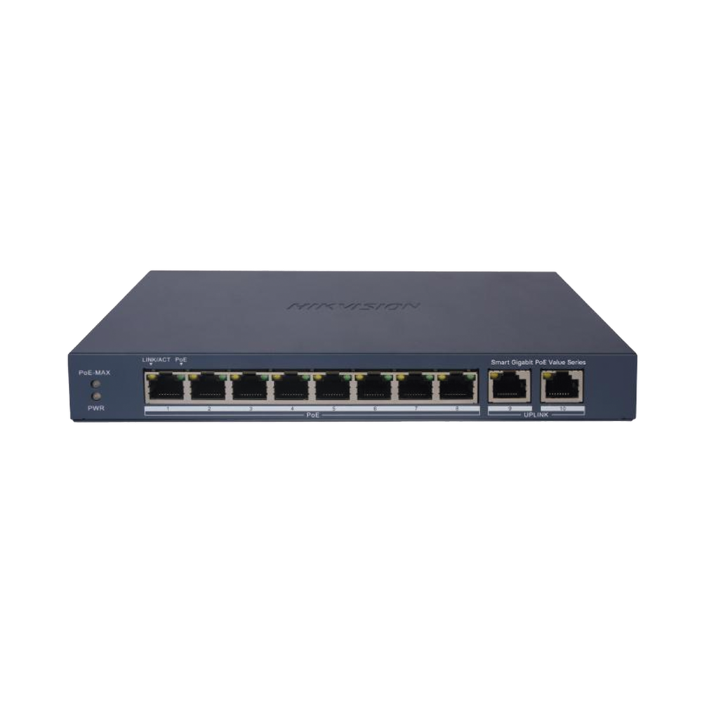 Switch Gigabit PoE+ / Administrable / 8 Puertos 1000 Mbps PoE+ / 2 Puertos 1000 Mbps de Uplink / Configuración Nube Hik-PartnerPro / Modo Extendido hasta 300 Metros / 60 W