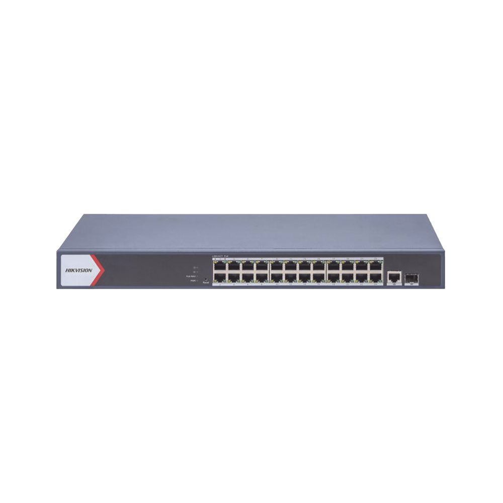 Switch Gigabit PoE+ / Monitoreable / 24 Puertos 1000 Mbps PoE+ /  1 Puerto 100 uplink / 1 Puerto 1000 Mbps Uplink / 1 Puertos SFP Uplink / Configuración Nube desde Hik-PartnerPro / Modo Extendido hasta 300 Metros / 370 W