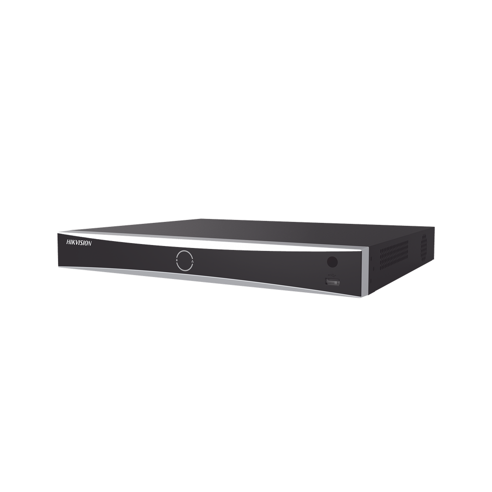 NVR 12 Megapixel (4K) / 16 Canales IP / 16 Puertos PoE+ / Reconocimiento Facial / AcuSense (Evita Falsas Alarmas) / 2 Bahías de Disco Duro / Switch PoE 300 mts / HDMI en 4K / Alarmas I/O / 300 Metros PoE Modo Extendido