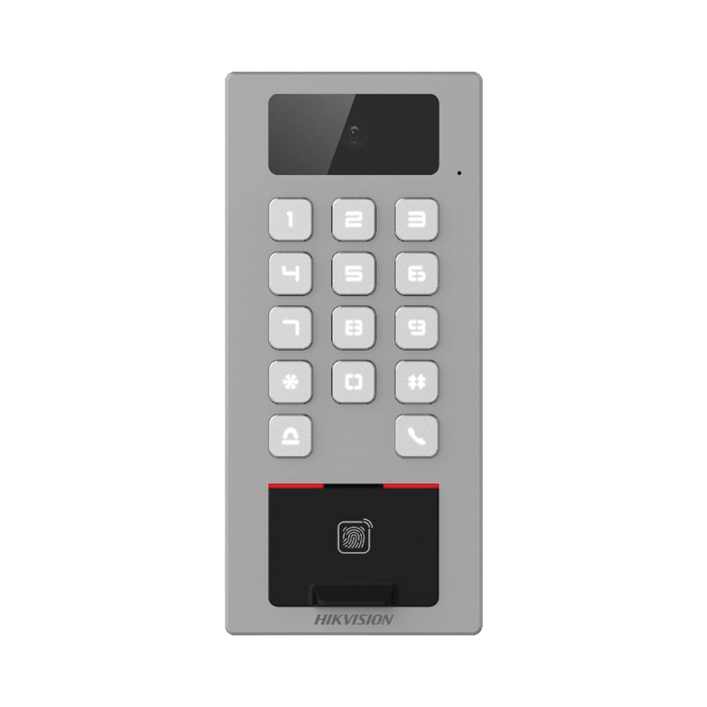 Terminal de Control de Acceso / Videoportero Multiapartamento Llamada a App / Teclado / Exterior Antivandálico IP65 & IK09 / Huella, Tarjeta, Código QR, PIN o App Hik-Connect / Cámara 2 MP compatible con NVRs