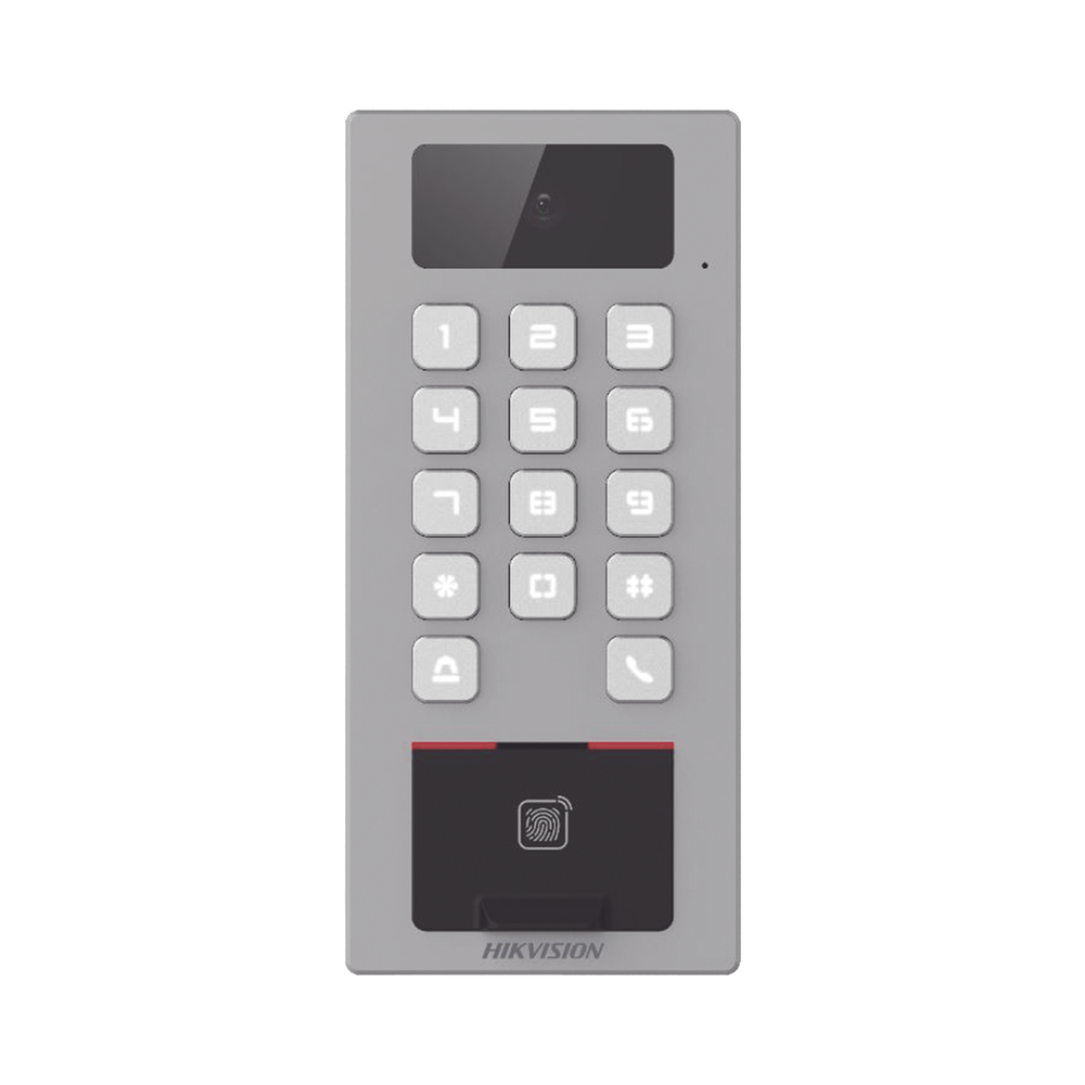 (PoE / 2 Relays) Terminal de Control de Acceso / Videoportero Multiapartamento Llamada a App / Teclado / Exterior Antivandálico IP65 & IK09 / Huella, Tarjeta, Código QR, PIN o App Hik-Connect / Cámara 2 MP compatible con NVRs