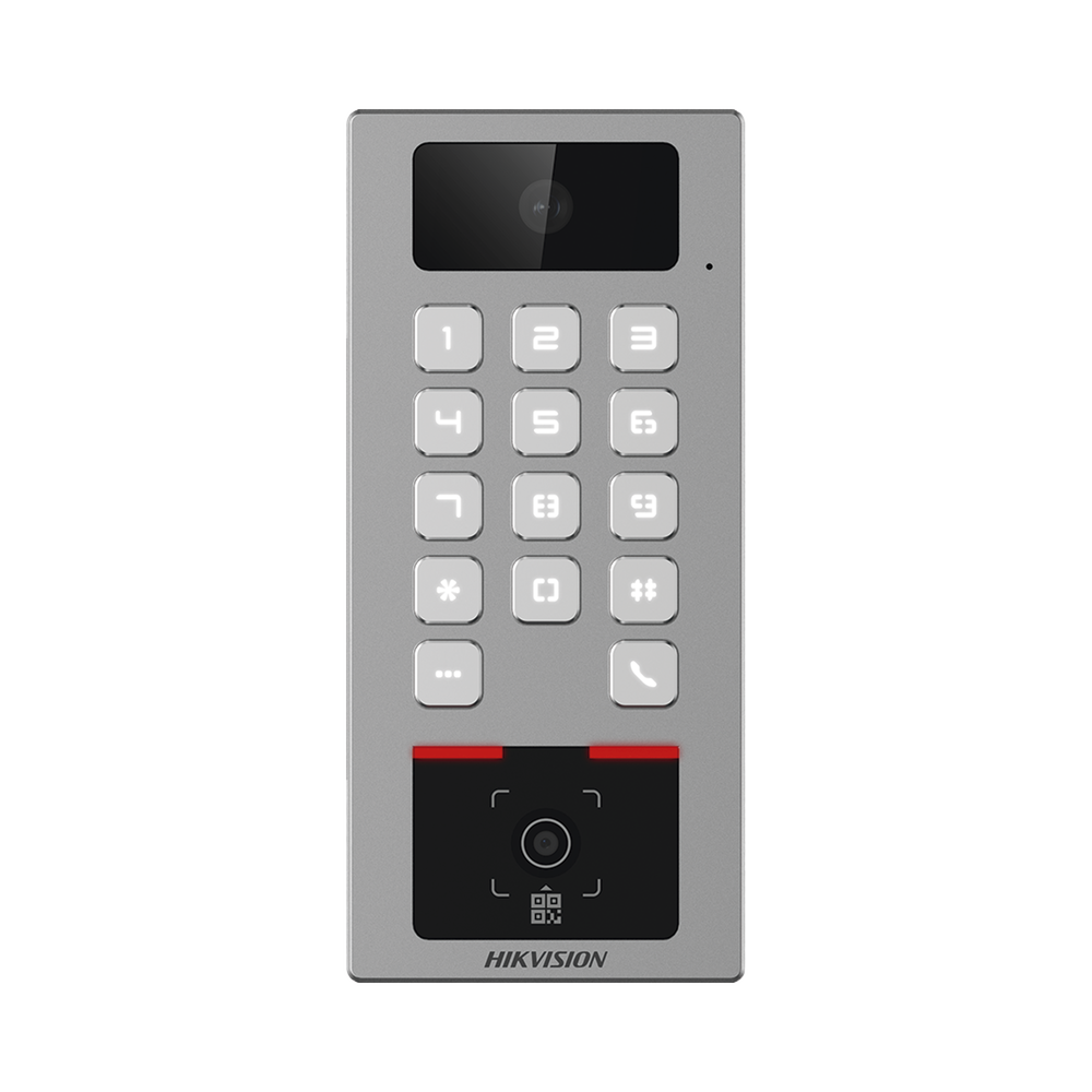 Teclado con Lector Físico de QRs para Exterior Antivandálico IP65 & IK09 con función de Videoportero Multiapartamento / Tarjeta, Código QR, PIN o App HikConnect / Cámara 2 MP compatible con NVRs / Soporta b