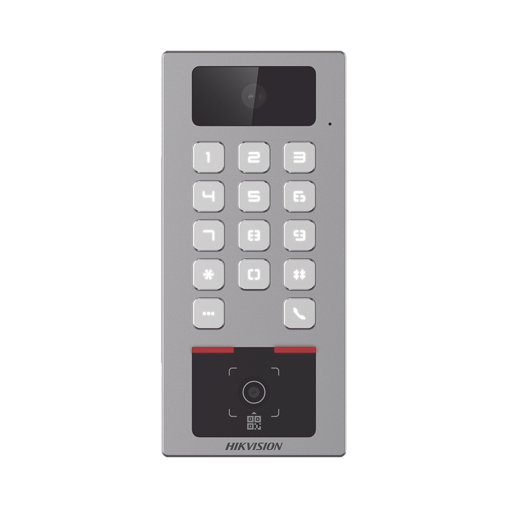 (PoE / 2 Relays) Teclado con Lector Físico de QRs para Exterior Antivandálico IP65 & IK09 con función de Videoportero Multiapartamento / Tarjeta, Código QR, PIN o App HikConnect / Cámara 2 MP compatible con NVRs /