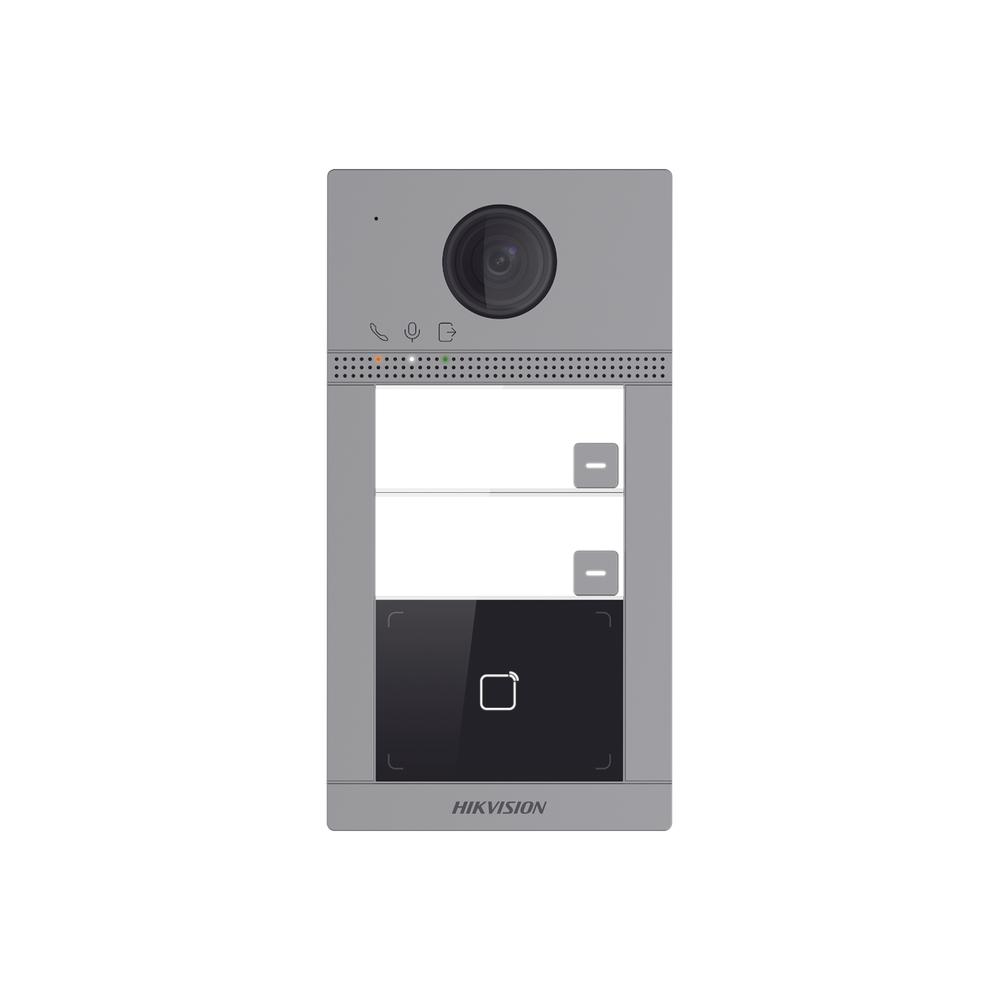Videoportero IP (IP65 + IK08) con Llamada y apertura desde APP Hik-Connect / Soporta 2 Departamentos / PoE Estandar  / Interfaz WEB para configuración / 2 puertas