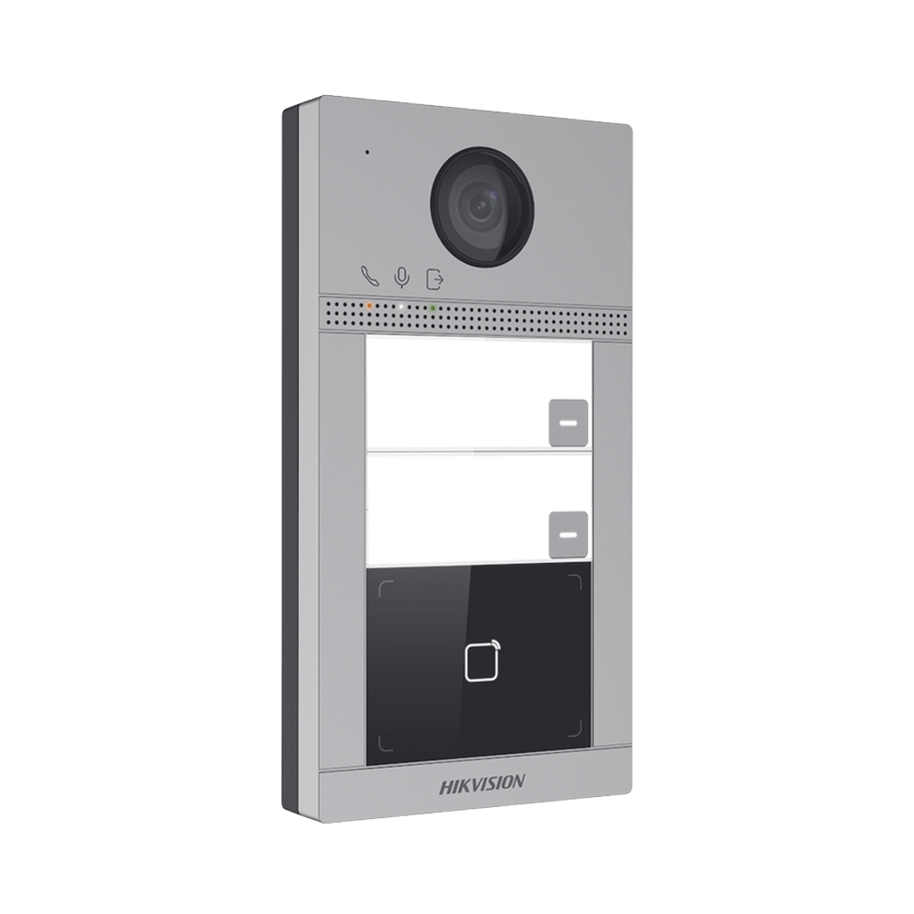 Videoportero IP 2 Megapixel / Llamada y Apertura Remota desde App Hik-Connect (requiere monitor) / PoE / Exterior IP65 + Antivandalico IK08 / 2 Departamentos / Apertura con Tarjeta / Soporta 2 Puertas y hasta 6 Monitores