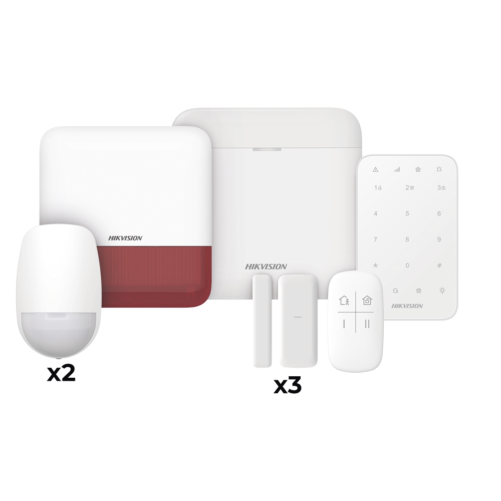 (AX PRO) KIT de Alarma AX PRO / Incluye: 1 Hub / 2 Sensores PIR / 3 Contactos Magnéticos mini / 1 Control Remoto / 1 Sirena Estrobo en color Rojo Inalámbrica Exterior /1 Teclado Inalámbrico / Wi-Fi / Compatible con Hik-Connect P2P