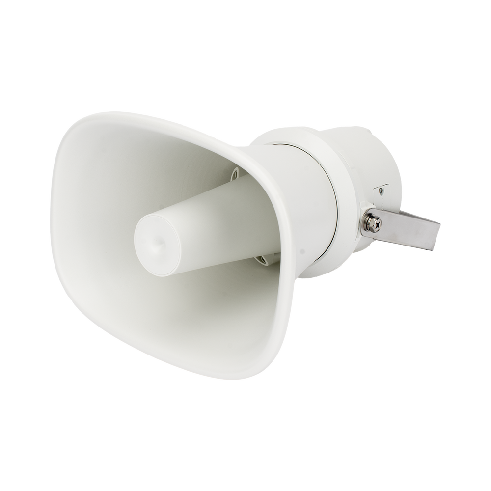 Altavoz IP Tipo Trompeta | 25 Watts | 24VCD | Reproducción de Audio vía Red | Exterior IP67 | Metal | Entrada de alarma | Compatible con Hik-Connect / Hik-Central Professional