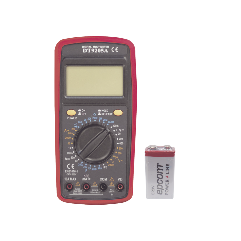 KIT Multímetro Digital DT9205A 600 Vcc / Vca CATII, con Pantalla LCD. Incluye Batería ER-9V de 9V