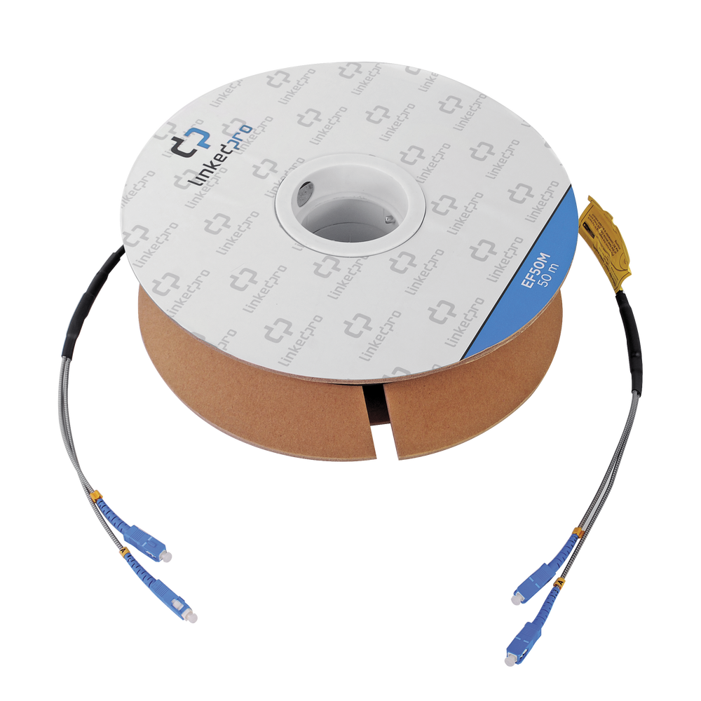 Carrete de Fibra Óptica Monomodo con conectores SC-SC Duplex, Reforzada con Kevlar, de 50 metros