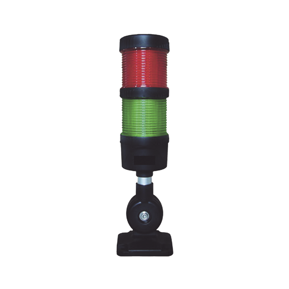 Torre LED Indicadora de estado de 2 niveles color Rojo y Verde, con Buzzer integrado a 85 dB,  a 110-240 VCA con Montaje incluido de 60 mm de diámetro