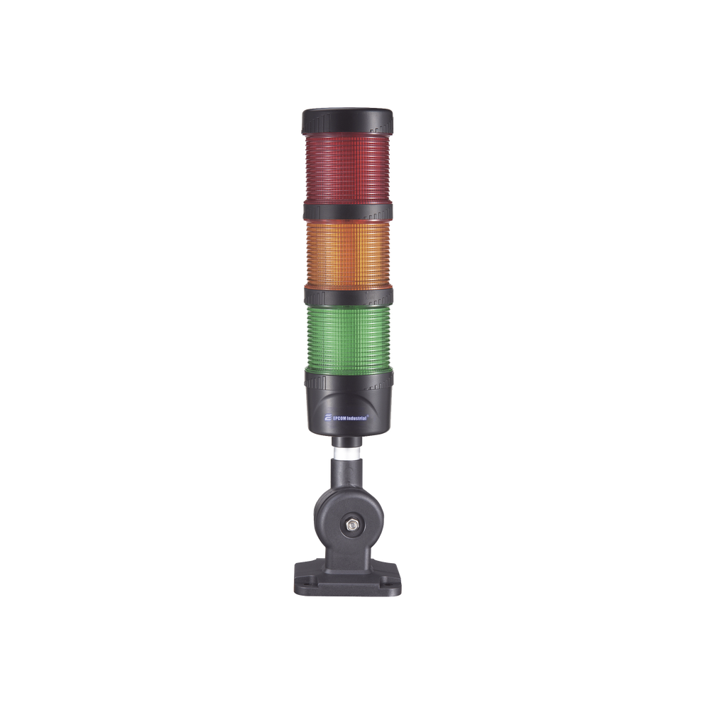 Torre LED Indicadora de estado de 3 niveles color Rojo, Ámbar y Verde, con Buzzer integrado a 85 dB,  a 110-240 VCA con Montaje incluido de 60 mm de diámetro