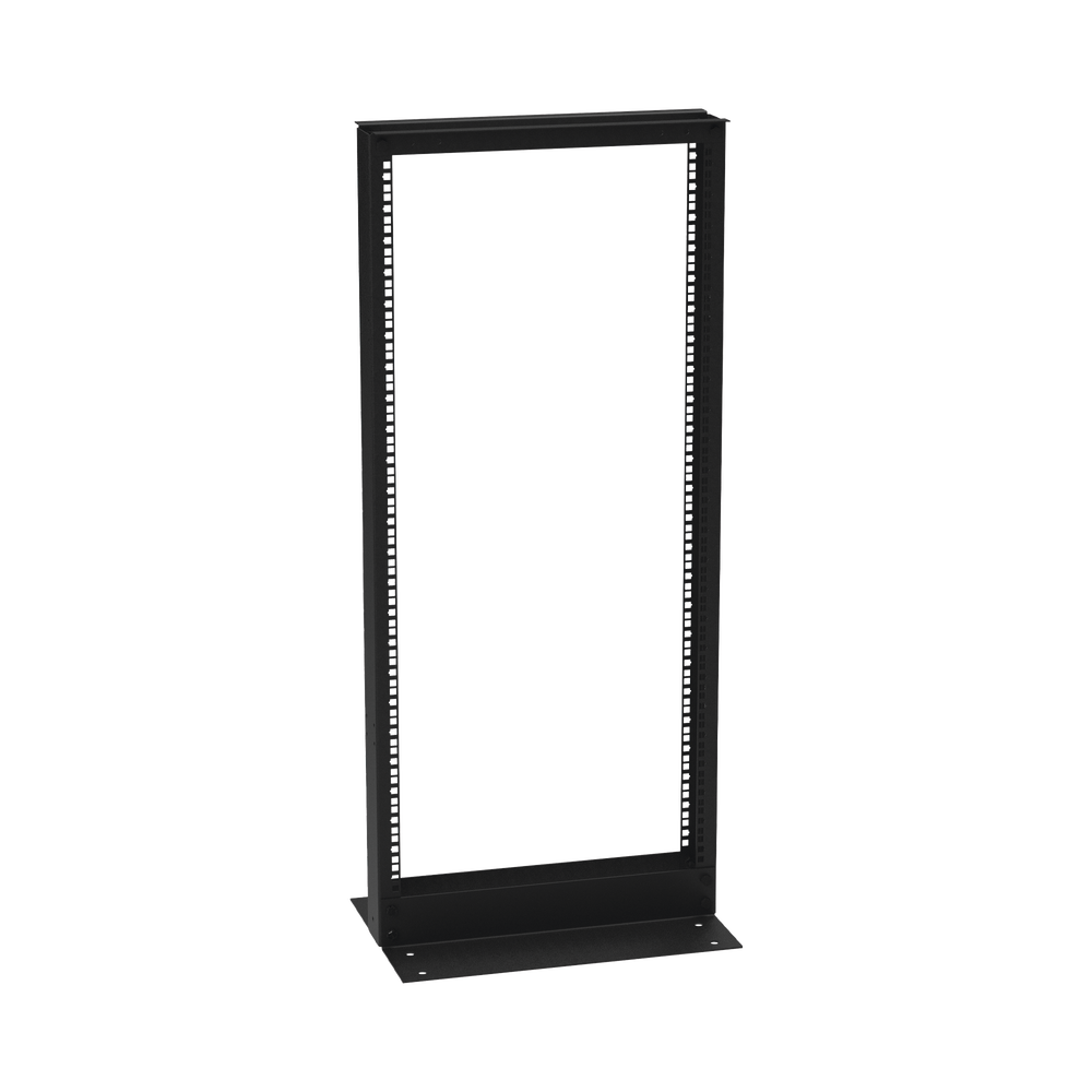 Rack de 2 Postes (Doble Perforación), Estándar 19", 24 Unidades, Fabricado en Acero, Base "L" para Anclar a Piso.