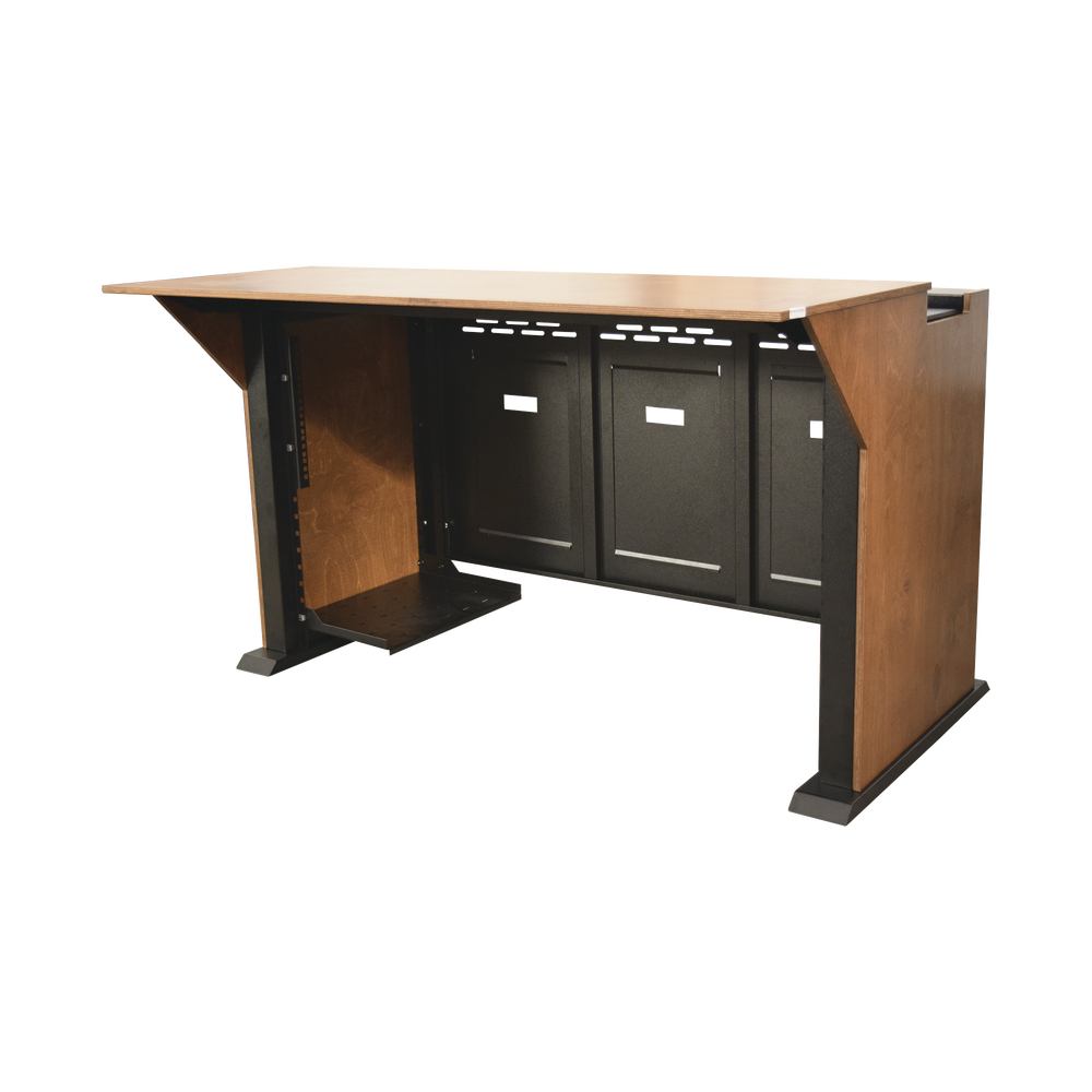 Consola Profesional para Monitoreo | Con Porta PC | Con Tomacorriente | Tapas Removibles | Color Negro y Nogal con Veta | Lamina de Acero Rolado Calibre 18 | Pintura en Polvo Electrostática.