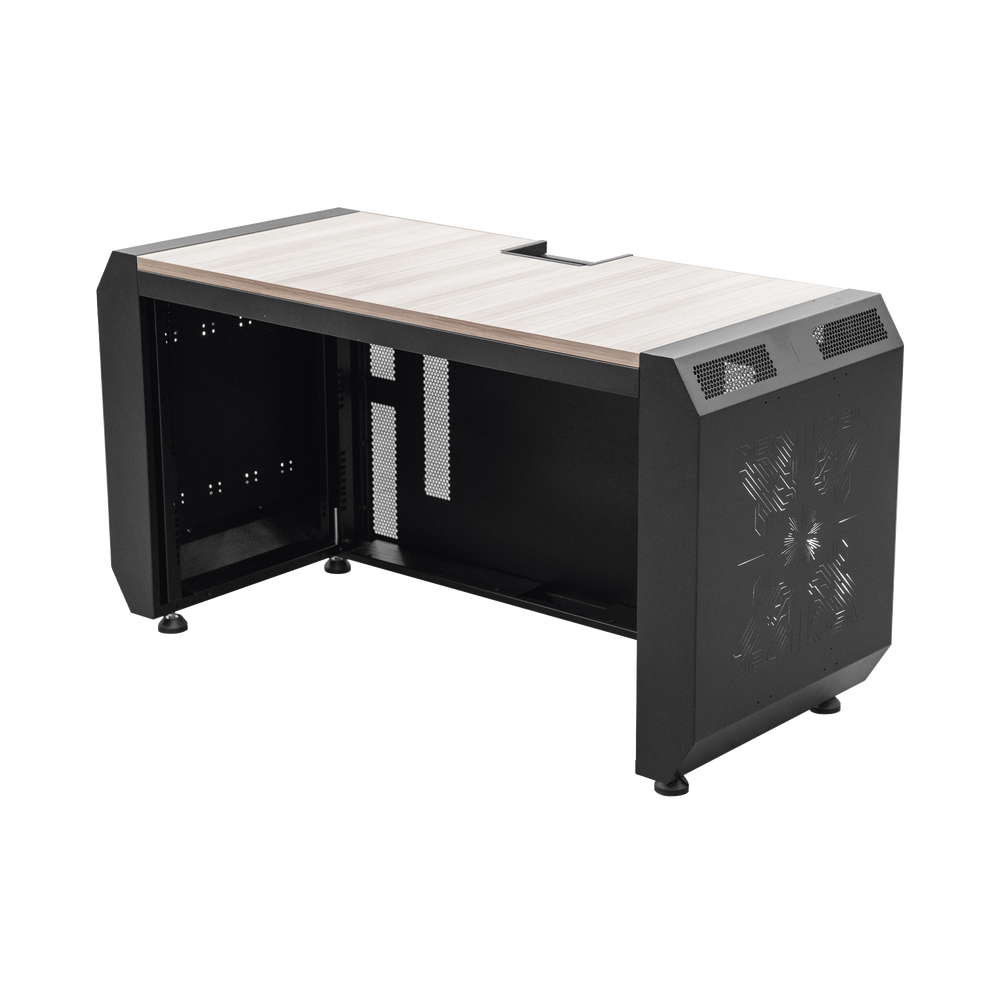 Consola Profesional para Monitoreo o Computo | Ranura para Base de Monitores | Microperforaciones | Luces LED Decorativas | Tomacorriente HTCM1U10C | Tapas Organizadoras de Cables | Niveladores | Rack para Montaje de Equipos | Ranura Pasaca