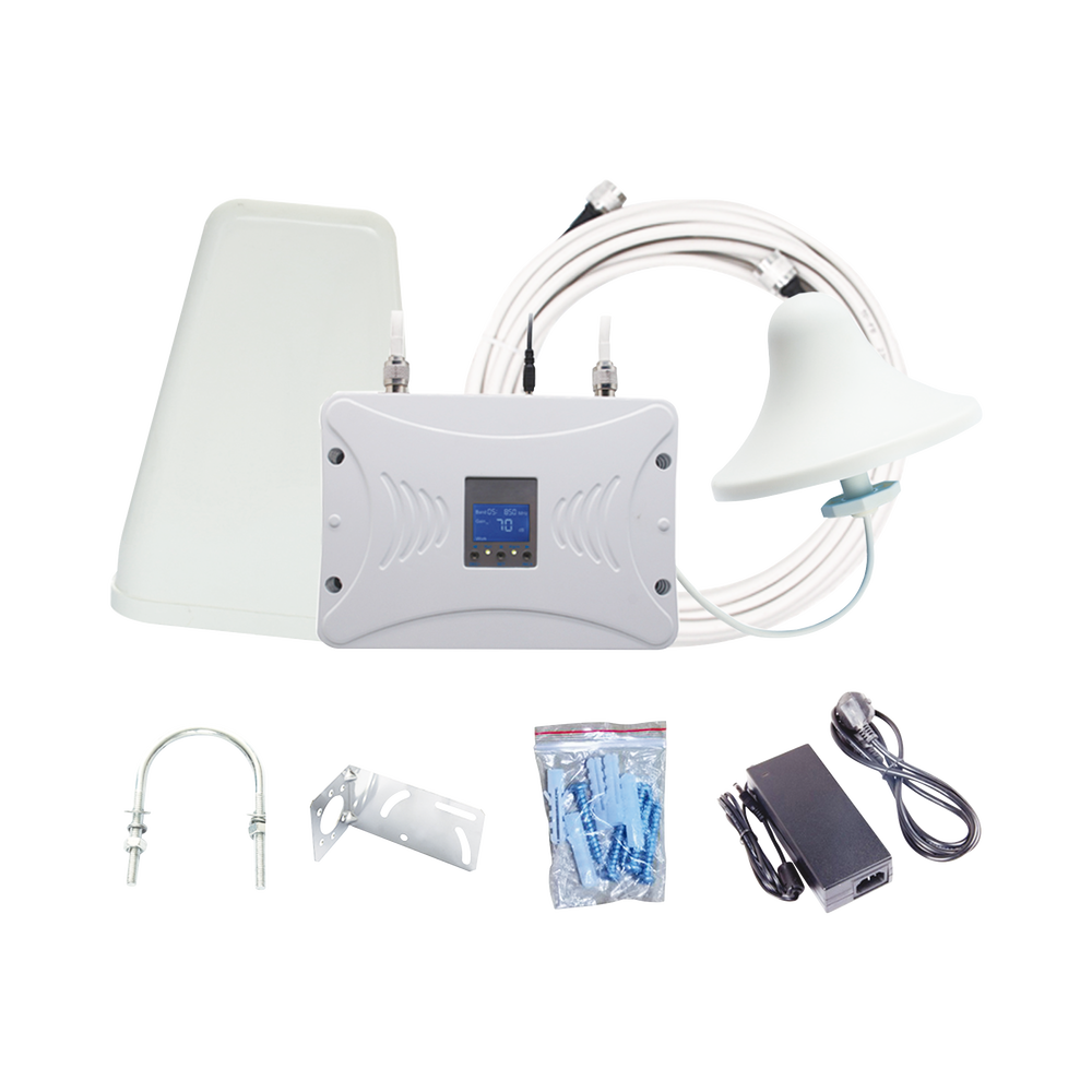 Kit Amplificador de Señal Celular 4.5G LTE, 3G y Voz. Funciona con Todos los Operadores. Soporta Múltiples Dispositivos y Tecnologías. Hasta 1000 metros cuadrados de Cobertura