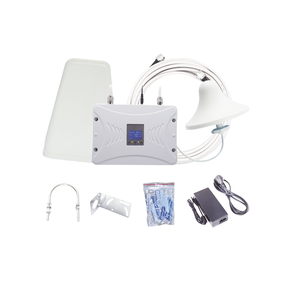 Kit Amplificador de Señal Celular 2G, 3G y 4G / Mejora llamadas convencionales y VoLTE / Amplifica señal de TELCEL, AT&T y MOVISTAR / Cubre hasta 300 m² con una antena y hasta 900 m² con 3 antenas.