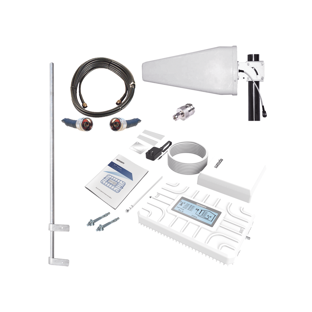 Kit PLUS de Amplificador de Señal Celular 5G / Penta Banda / Soporta 2G, 3G, 4G y 5G / Compatible con TELCEL, AT&T, MOVISTAR y OMV / Cobertura hasta 250 m2 / Incluye Antenas, Jumpers coaxiales y mástil.