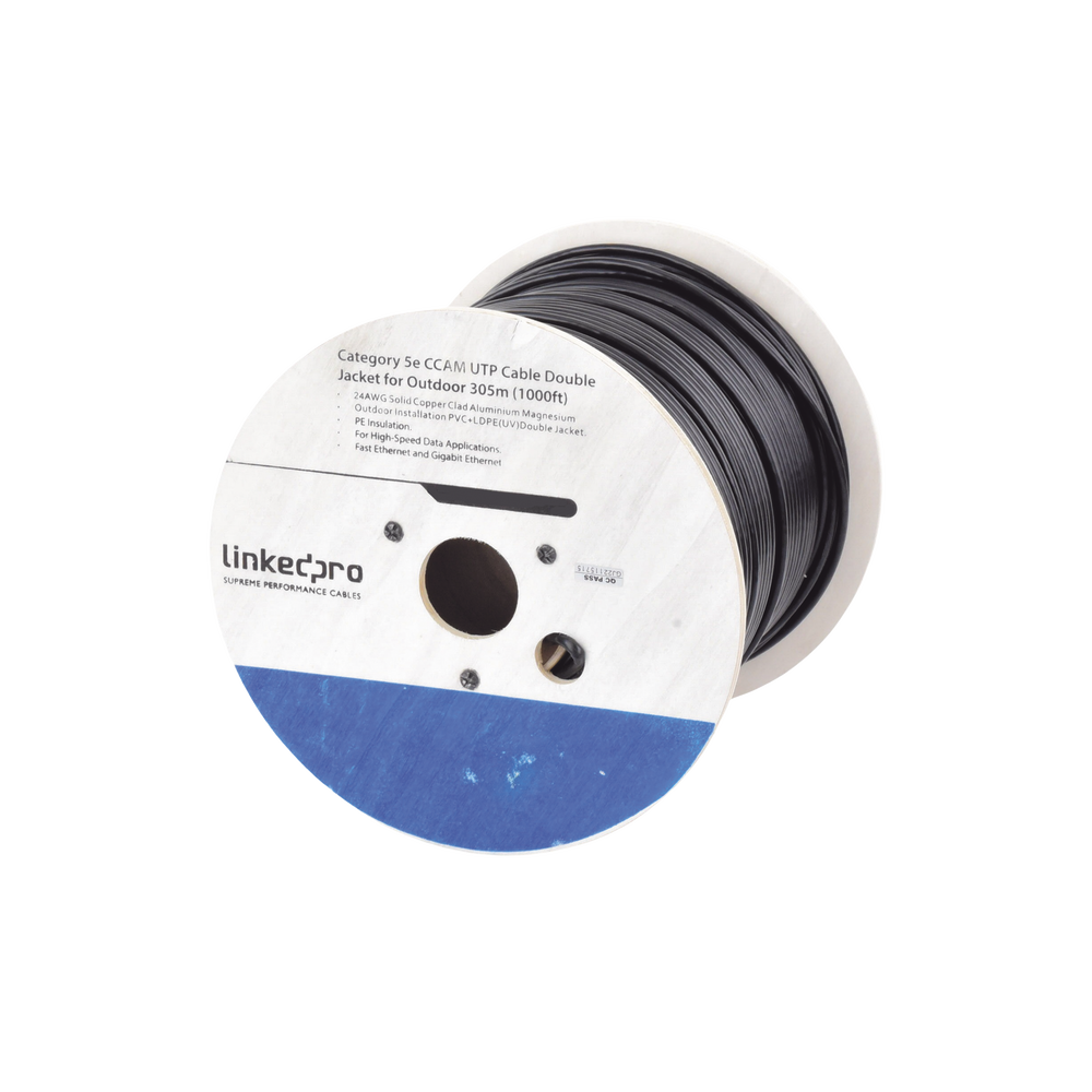 Bobina de Cable de 305 Metros (1000 Pies) Cat6, Aleación de Cobre y Aluminio (CCA), Color Negro, Uso Intemperie, Doble Forro