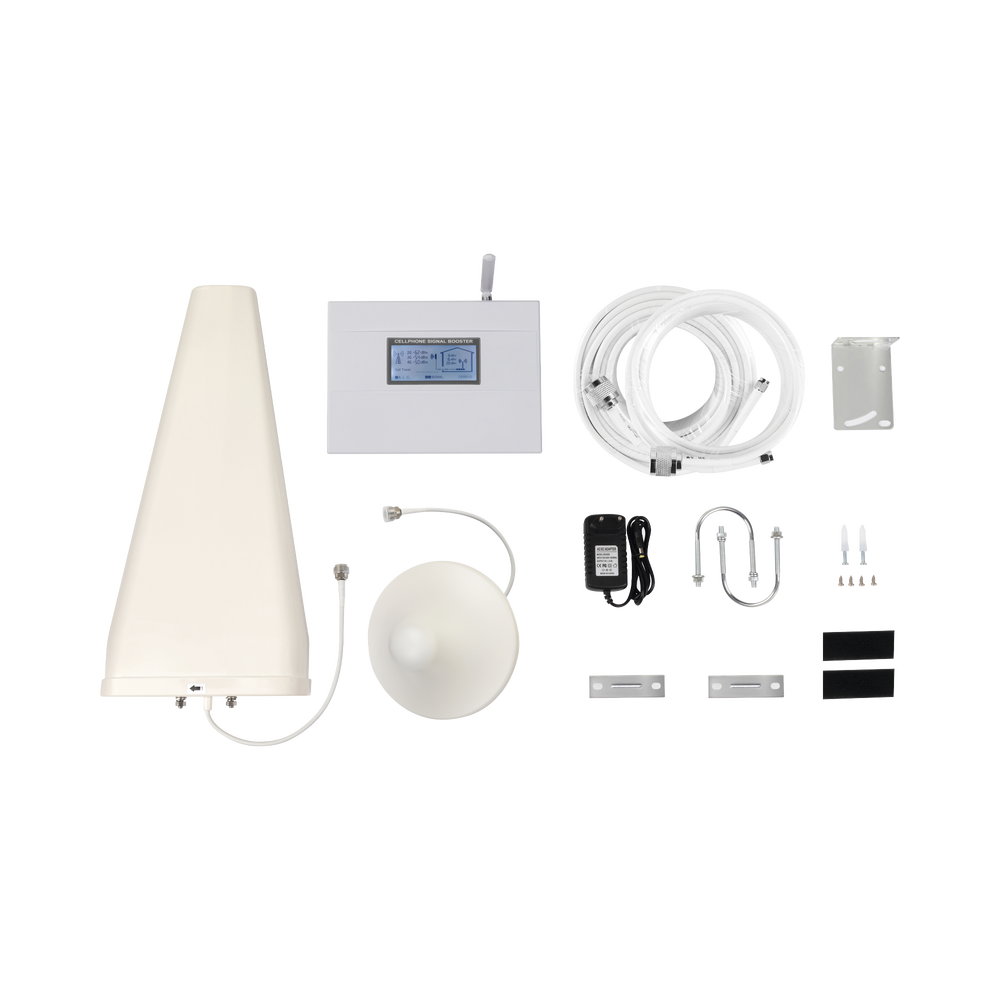 Kit Amplificador de Señal Celular TRIPLE banda de frecuencia / Mejora las llamadas convencionales y VoLTE / Soporta los datos de las tecnologías 2G, 3G y 4G de TELCEL, AT&T y MOVISTAR / Puede cubrir hasta 2 espacios de 300 m2 cada uno.