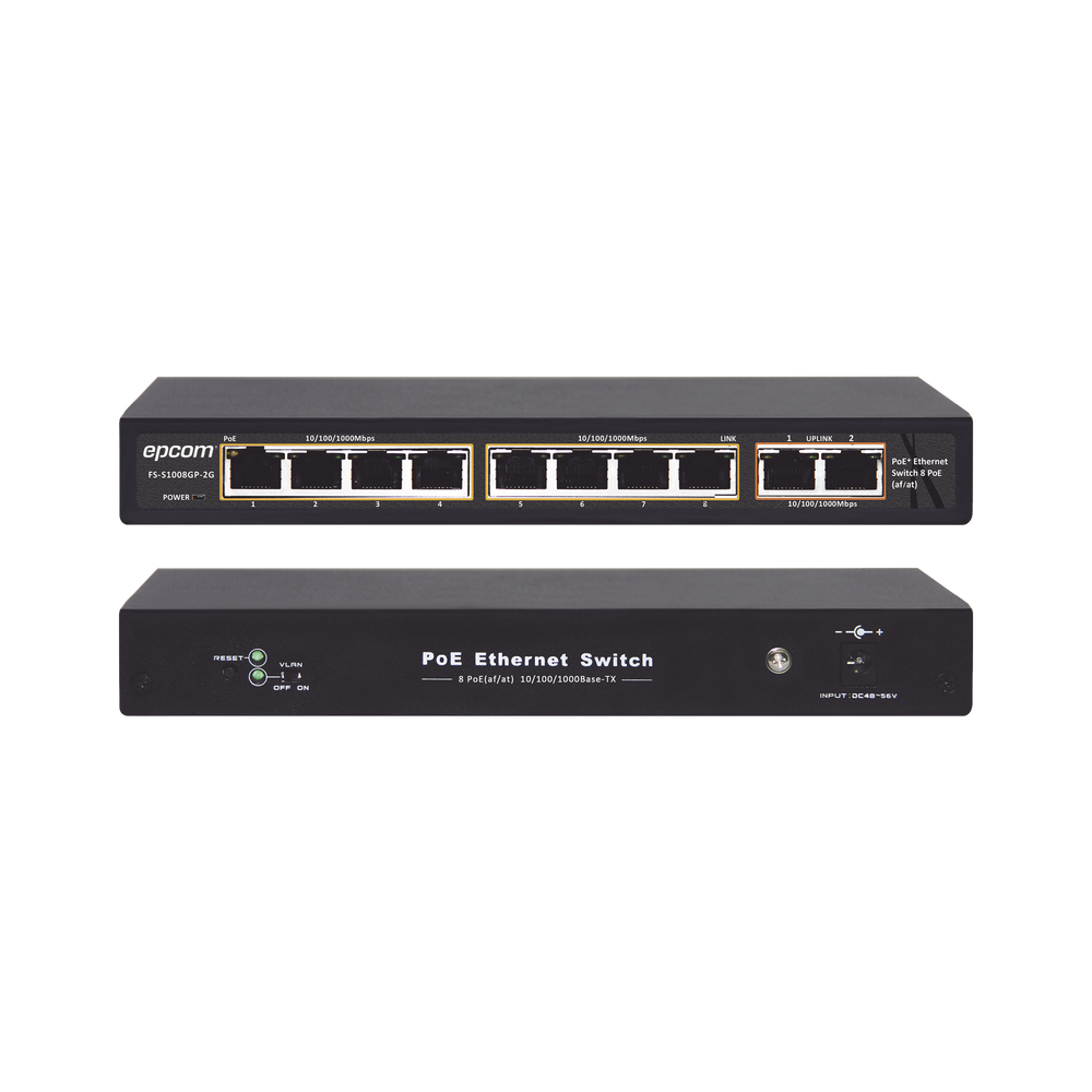 Switch PoE / 100 Metros PoE / 8 puertos 802.3af/at ( 132.5 W ) 10/100/1000Mbps + 2 puertos Uplink