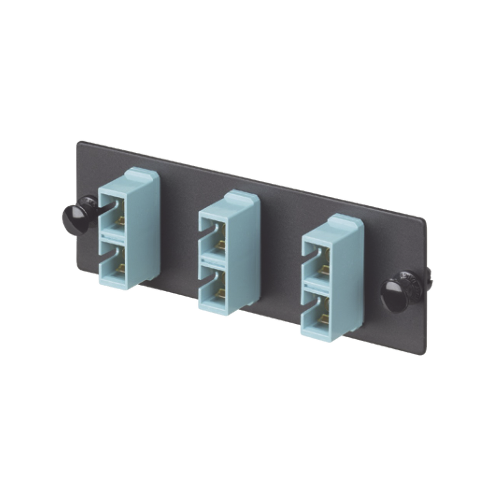 Placa Acopladora de Fibra Optica FAP, Con 3 Conectores SC Duplex (6 Fibras), Para Fibra Multimodo OM3/OM4, Color Aqua
