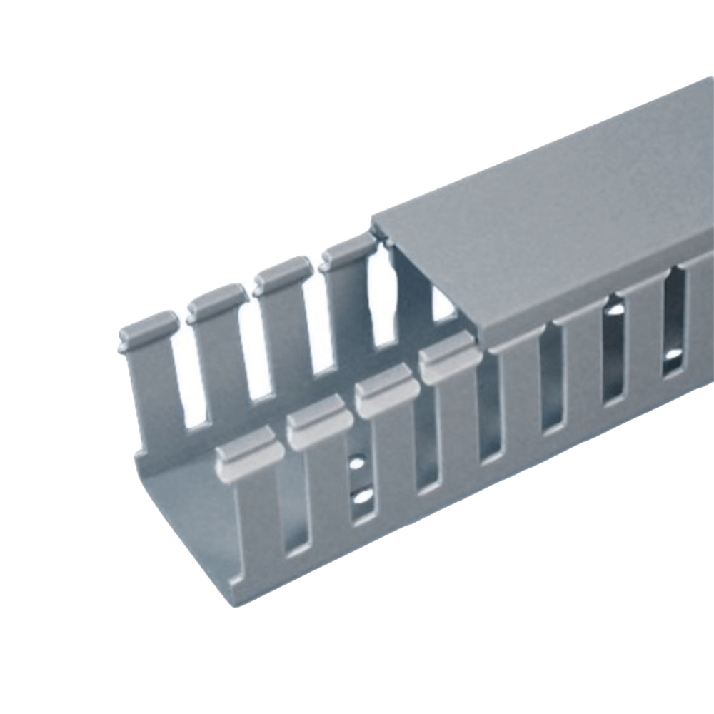 Canaleta Ranurada de PVC con Tapa, Tipo F, 32 mm de Ancho, 79.2 mm de Alto y 2 m de Largo, Color Gris