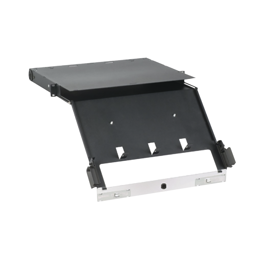 Panel de Distribuci?n de Fibra ?ptica, Acepta 4 Placas FAP o FMP, Bandeja Deslizable e Inclinable Hacia Abajo, Hasta 96 Fibras, Color Negro, 1UR