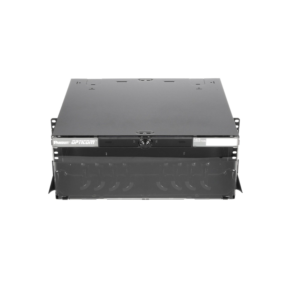 Panel de Distribuci?n de Fibra ?ptica, Acepta 12 Placas FAP o FMP, Bandeja Deslizable e Inclinable Hacia Abajo, Hasta 288 Fibras, Color Negro, 4UR