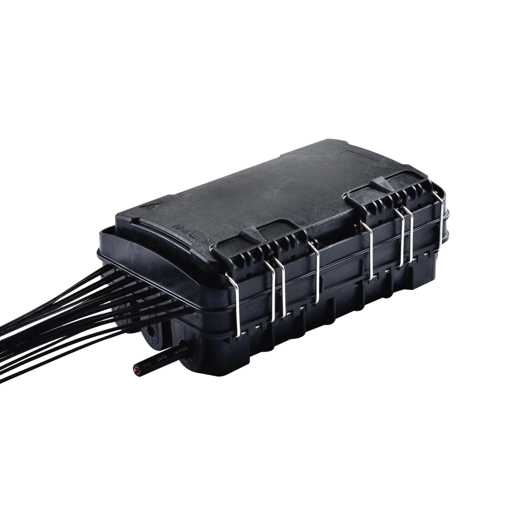 Caja de Distribución de Fibra Óptica para 24 Empalmes, con 16 acopladores SC/APC simplex, Exterior IP65, Color Negro