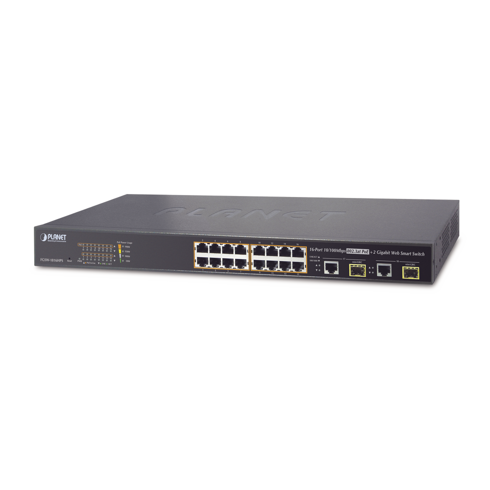 Switch Administrable L2 de 16 Puertos PoE+ y 2 Puertos Compartidos Gigabit TP/SFP