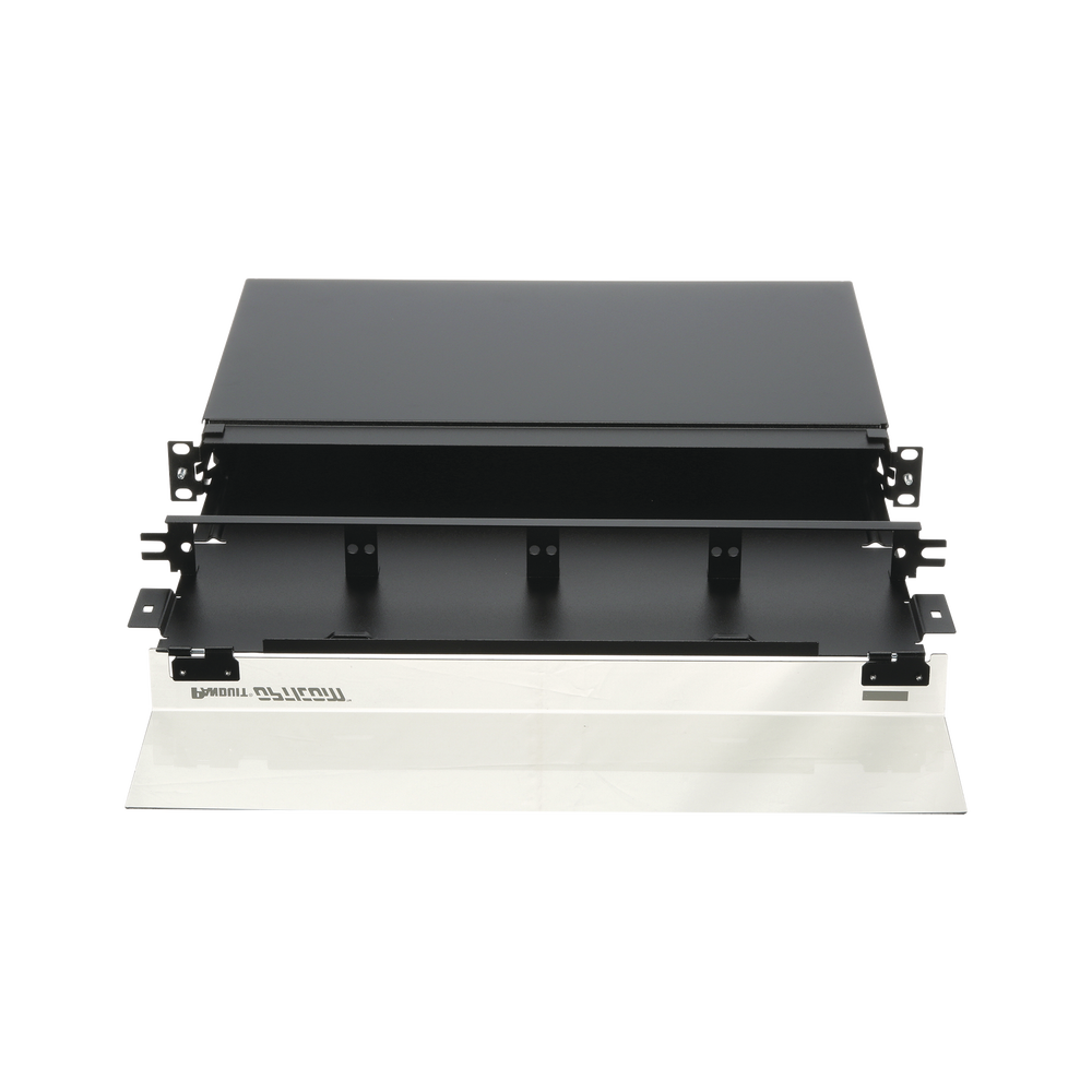 Panel de Distribución de Fibra Óptica, Acepta 4 Placas FAP o FMP, Bandeja Deslizable, Hasta 48 Fibras, Color Negro, 1UR