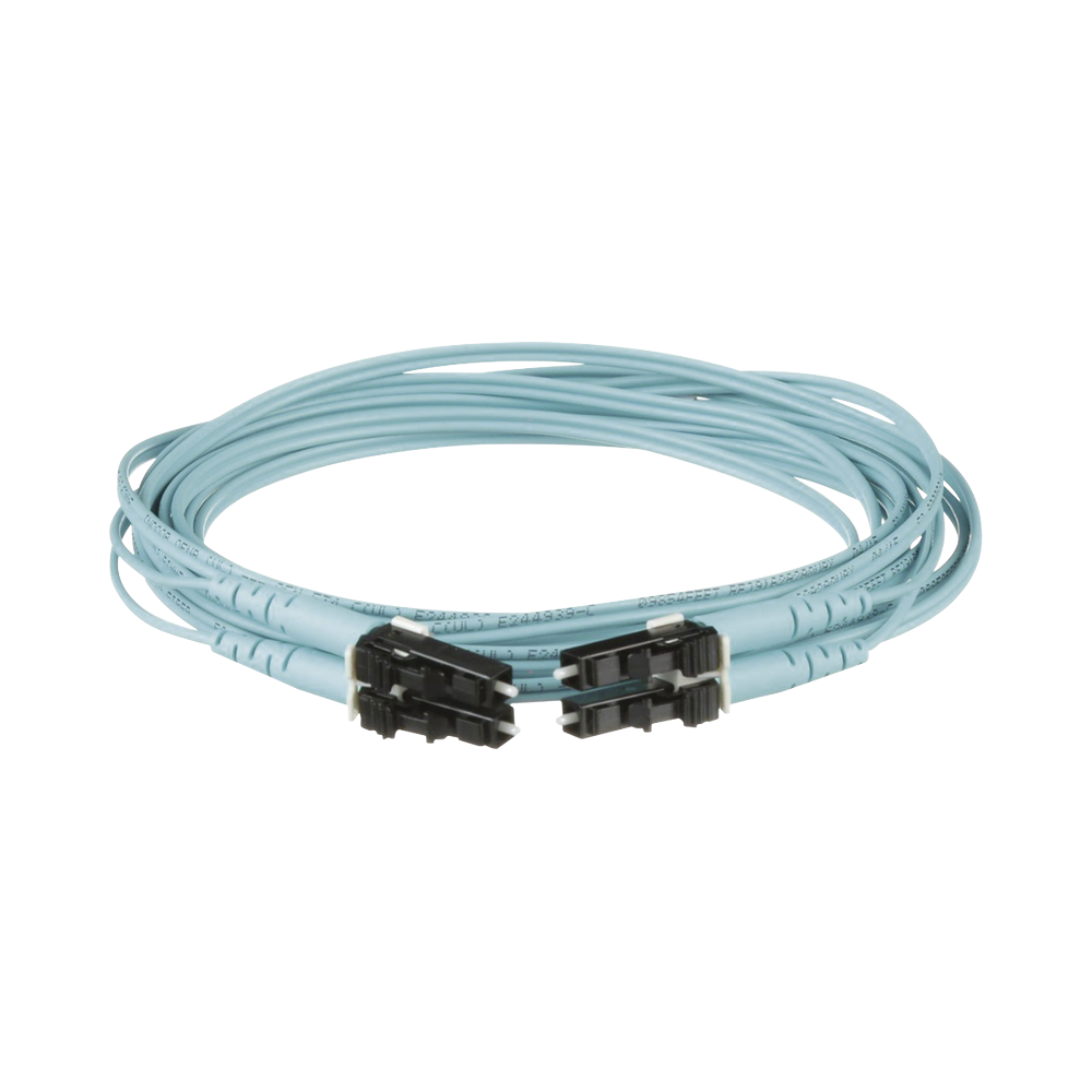 Jumper de Fibra Optica Multimodo 50/125 OM3, LC-LC Duplex, OFNR (Riser), Color Aqua, 4 Metros (13.12 Pies)
