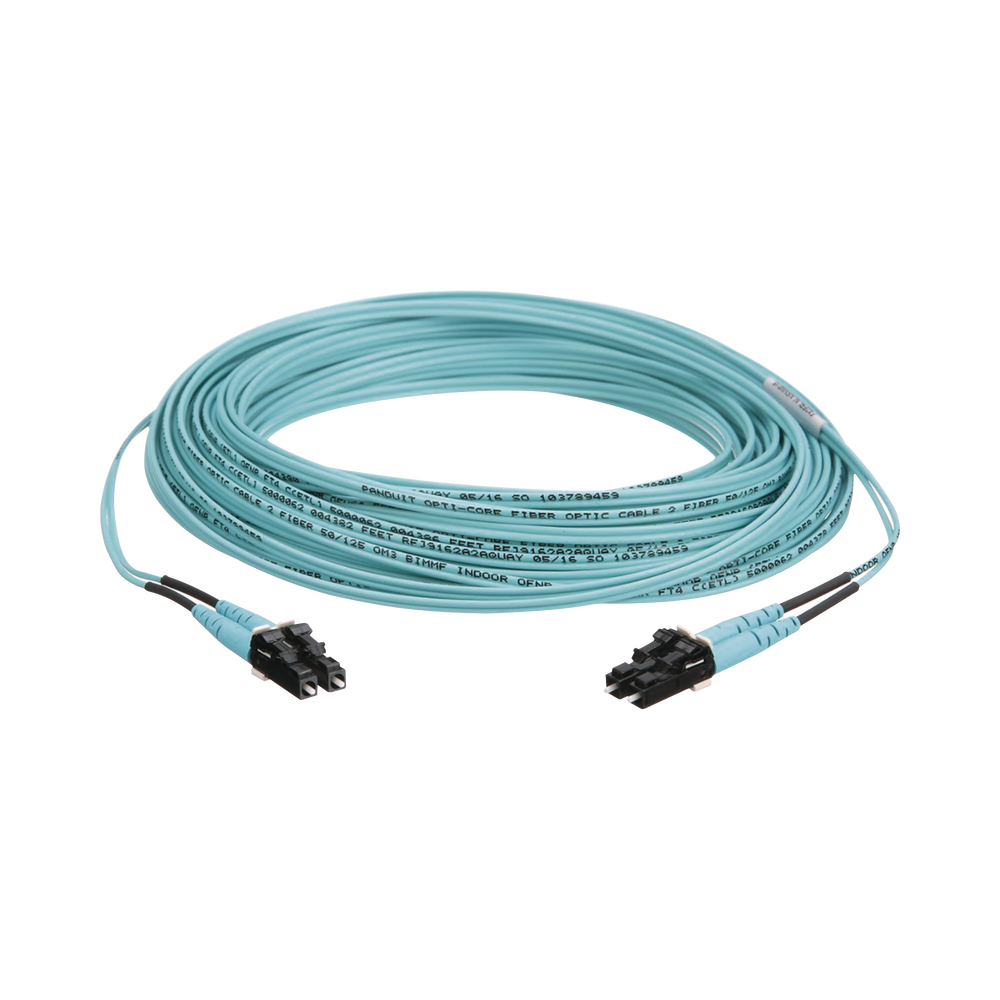 Jumper de Fibra Optica Multimodo 50/125 OM3, LC-LC Duplex, OFNR (Riser), Color Aqua, 15 Metros (49.21 Pies)