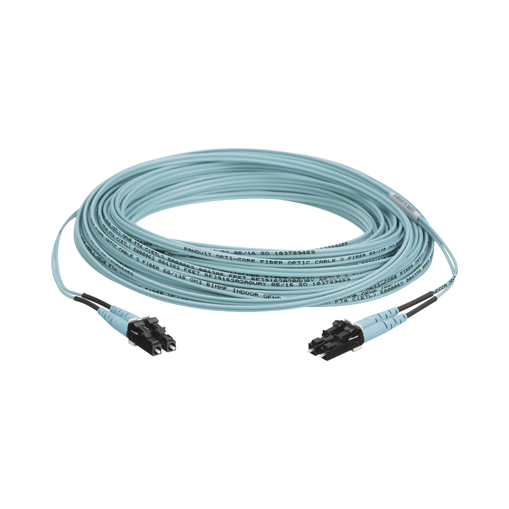 Jumper de Fibra Optica Multimodo 50/125 OM3, LC-LC Duplex, OFNR (Riser), Color Aqua, 50 Metros (164.04 Pies)