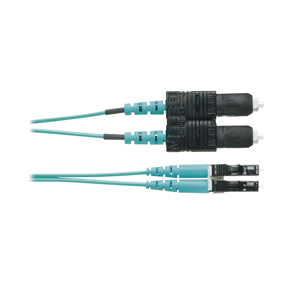Jumper de Fibra Optica Multimodo 50/125 OM4, LC-SC Duplex, OFNR (Riser), Color Aqua, 3 Metros (9.84 Pies)