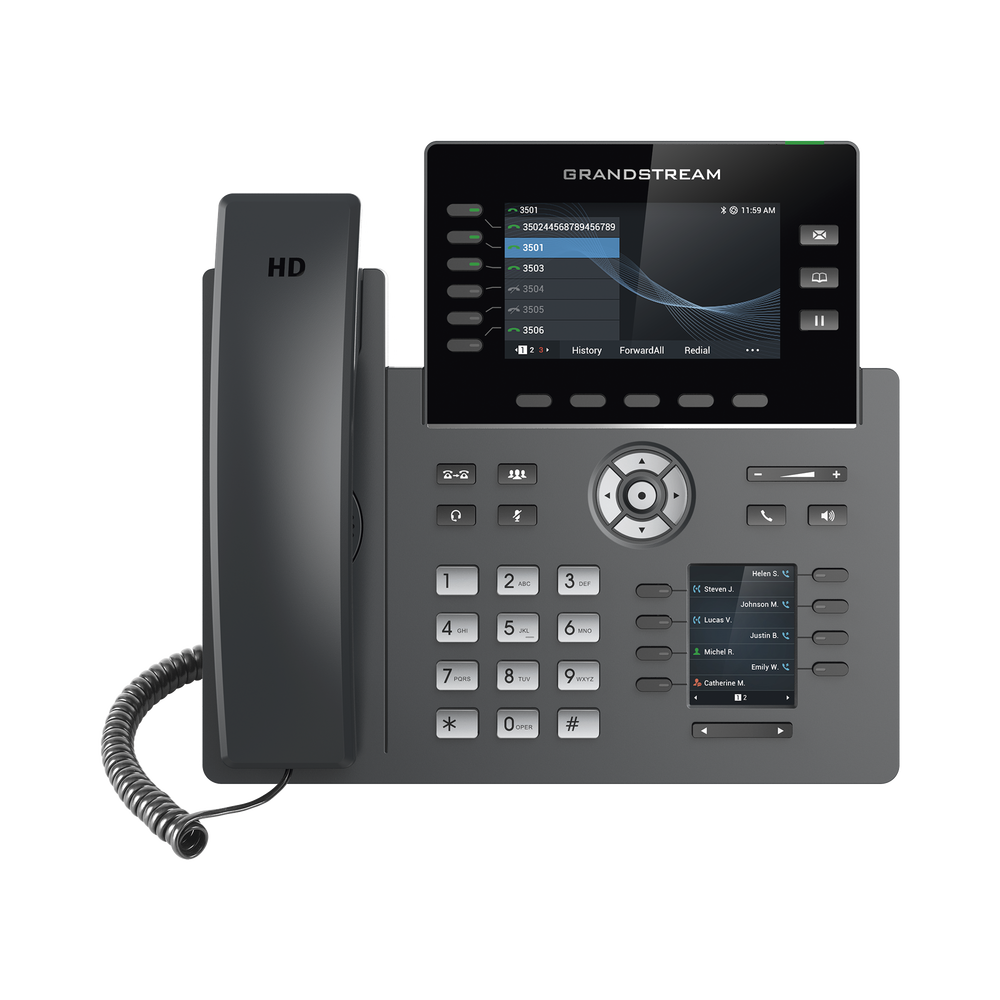 Teléfono IP Wi-Fi, Grado Operador, 6 líneas SIP con 6 cuentas, pantalla a color 4.3", puertos Gigabit, Bluetooth, PoE, codec Opus, IPV4/IPV6 con gestión en la nube GDMS