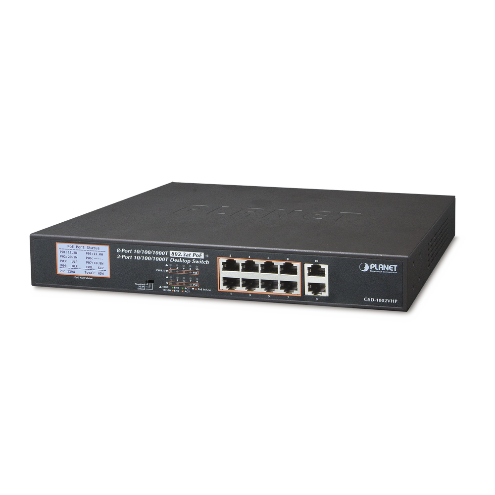Switch No Adminsitrable PoE+ distancia 250 metros 8 puertos PoE Gigabit + 2 gigabit