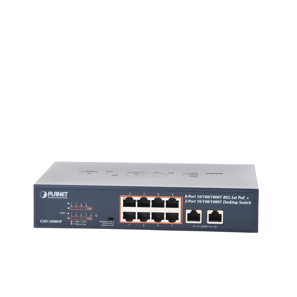 Switch de Escritorio No Administrable / 8 Puertos 10/100/1000T PoE+ 802.3at / 2 Puertos Uplink 10/100/1000T / Presupuesto PoE 120 Watts / Modos Estándar, VLAN y Extend / Distancia Extendida 250 mts / Rackeable - Image 5