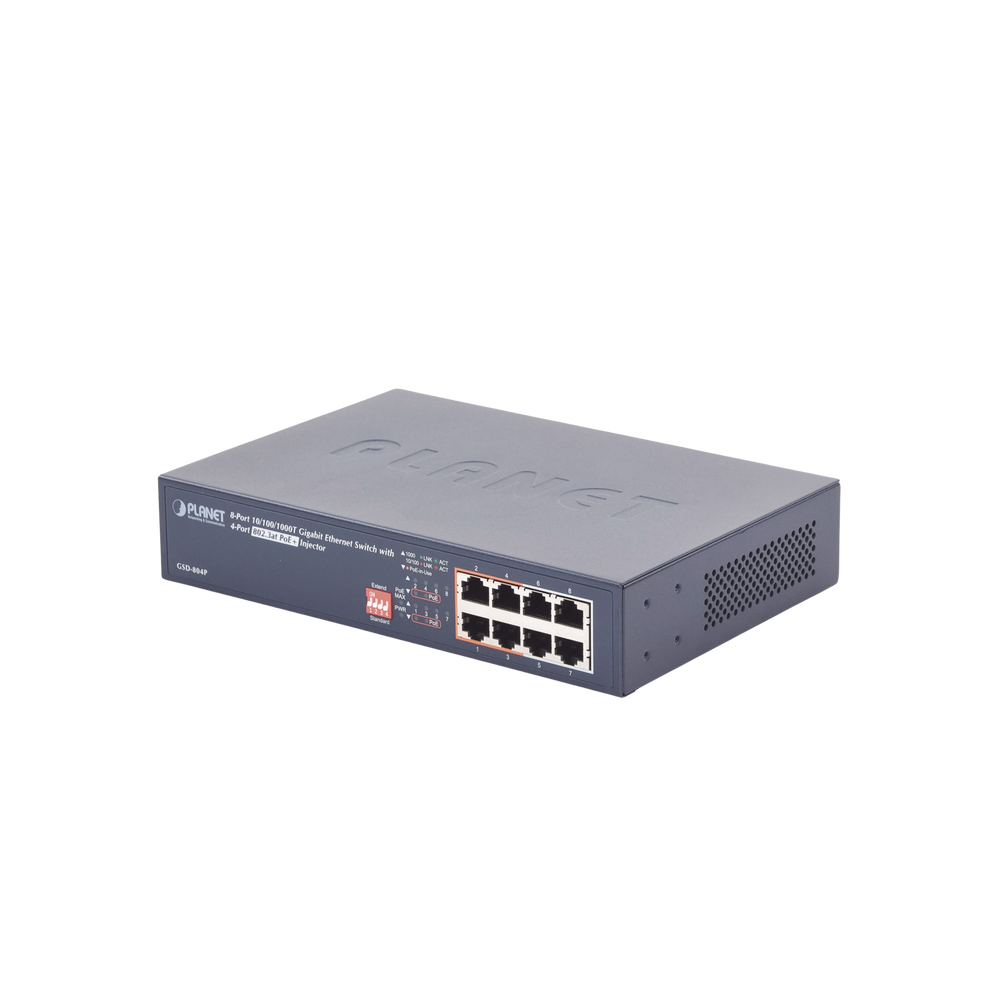 Switch PoE no Administrable, 8 Puertos 10/100/1000 Mbps con 4 Puertos PoE 802.3af/at, Modo Extender Hasta 250 mts