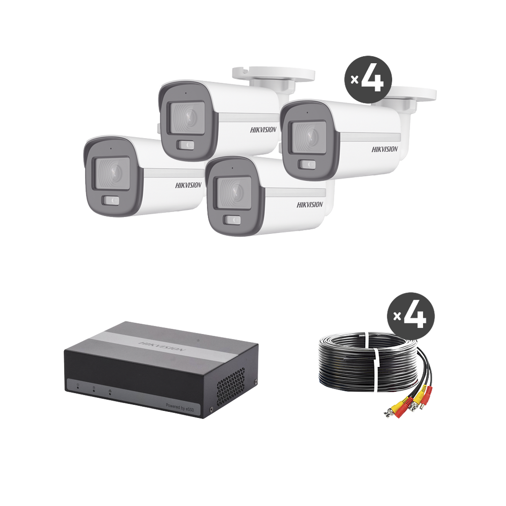 Kit TurboHD 1080p / DVR 4 Canales con Unidad de Almacenamiento eSSD de 300 GB / 4 Cámaras Bala ColorVu con Micrófono Integrado / Fuente de Poder / Accesorios de Instalación