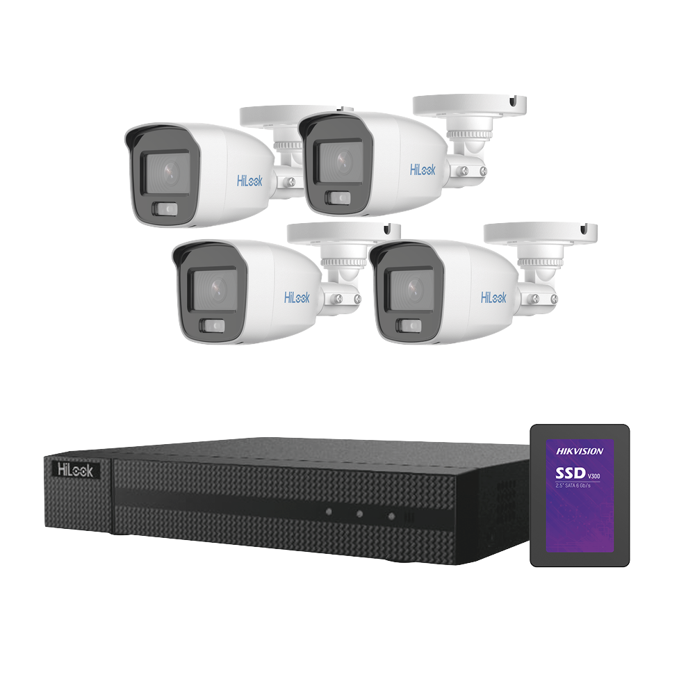 Kit TurboHD 1080p + SSD 500 GB / DVR 4 Canales / 4 Cámaras Bala ColorVu con Micrófono Integrado / Fuente de Poder / Accesorios de Instalación