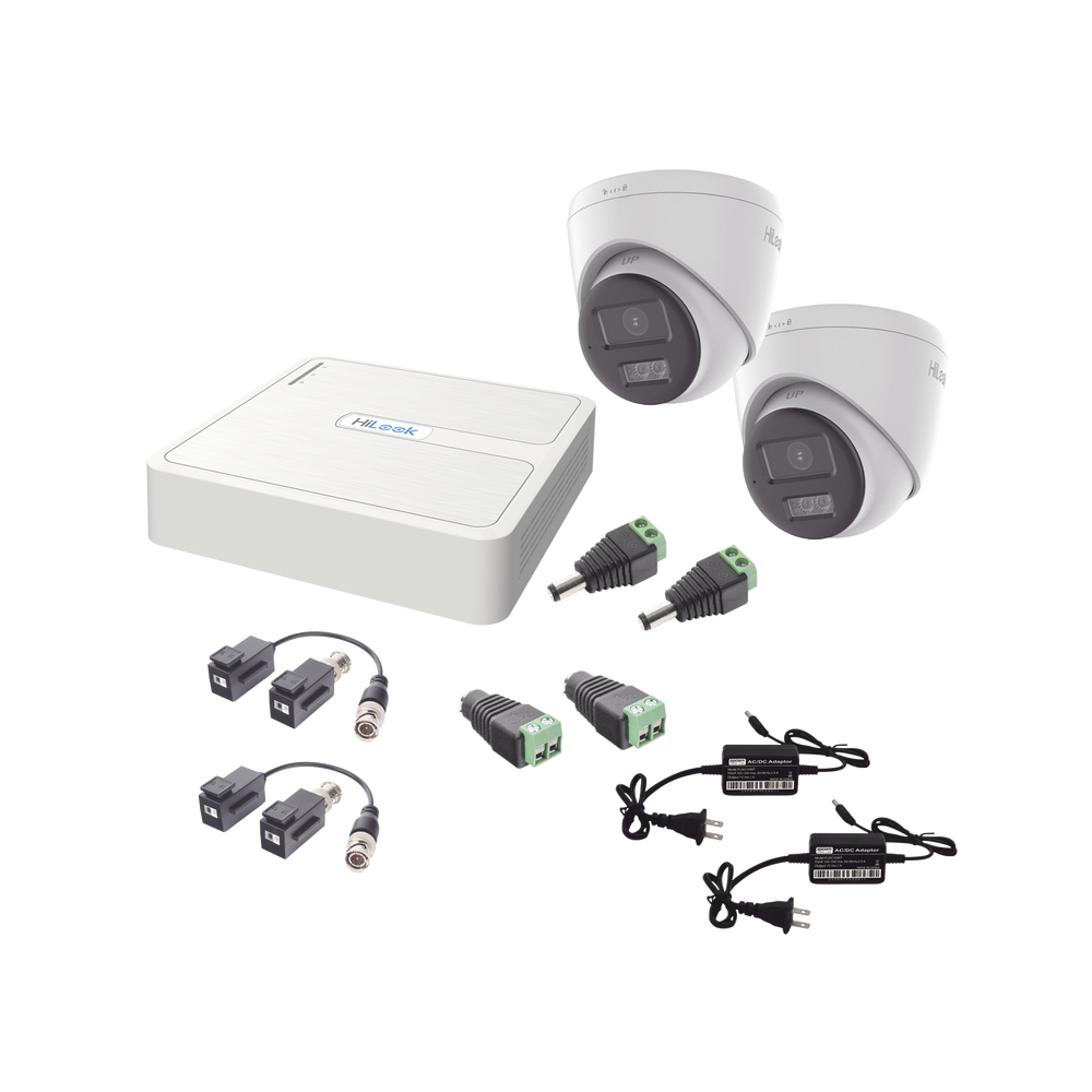 Kit HiLook Audio Bidireccional TurboHD 1080p / DVR 4 Canales / 2 Cámaras Turret (Exterior) con Bocina y Microfóno Integrado / 2 Fuentes de Poder / Accesorios